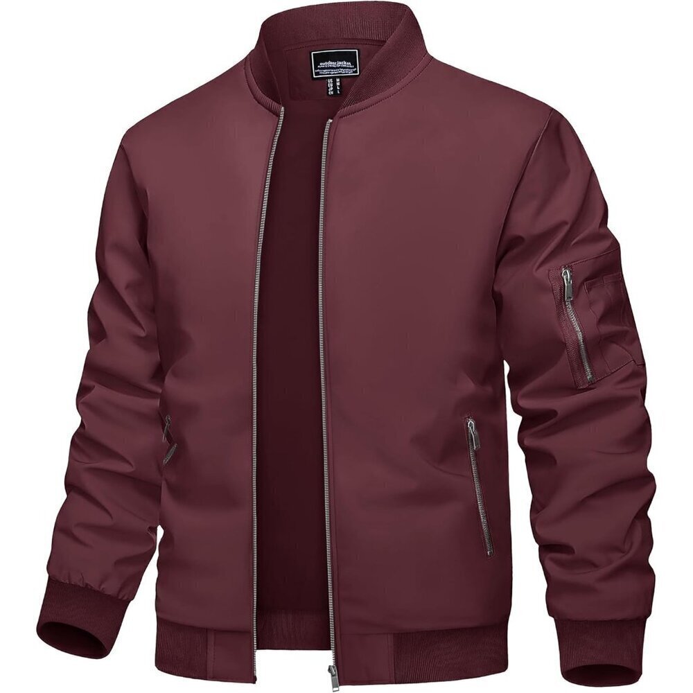 🆕 Men Red Bomber Jacket Lightweight Casual Spring Fall Windbreaker Zip Up Coat